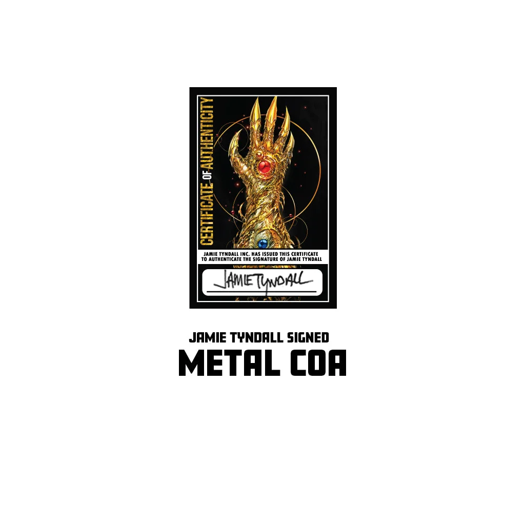 Jamie Tyndall signed golden infinity gauntlet with red blue gems on white sketchup cover