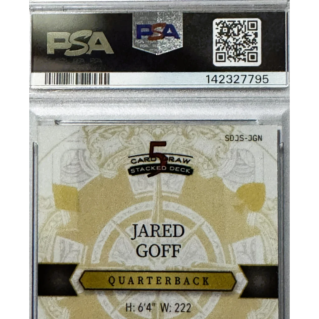 Gold and black psa graded jared goff stacked deck trading card 2024 wild card super bowl lions quarterback