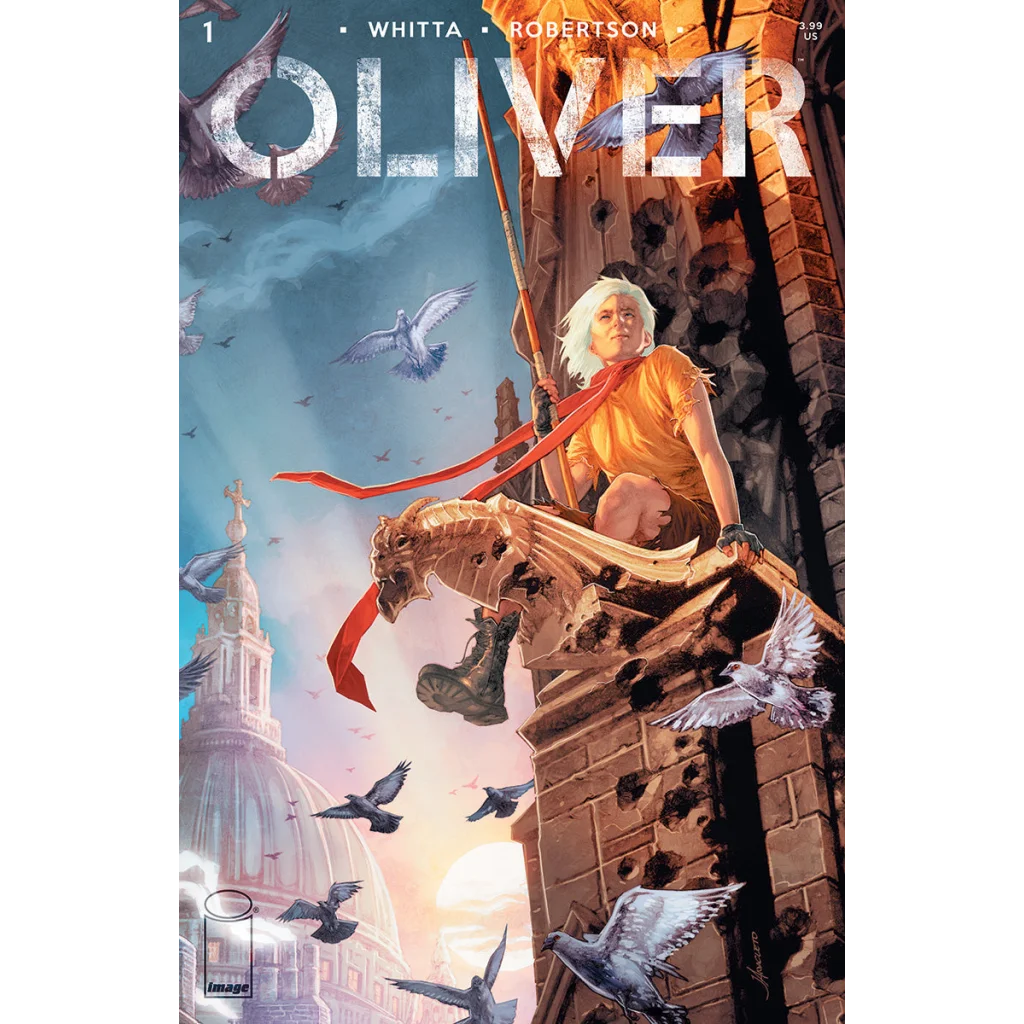 Jay Anacleto exclusive comic book cover with white haired hero on gothic building