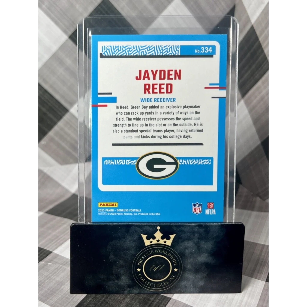 Jayden Reed Packers card in acrylic case from Prestige Worldwide Collectibles
