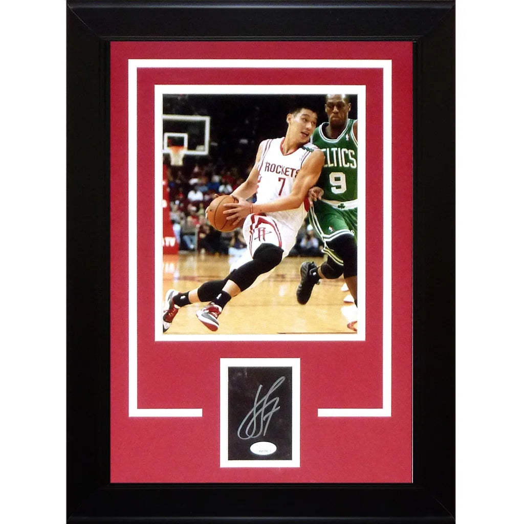 Black-framed signature series frame with red mat featuring autographed yao ming photo and plaque houston rockets memorabilia