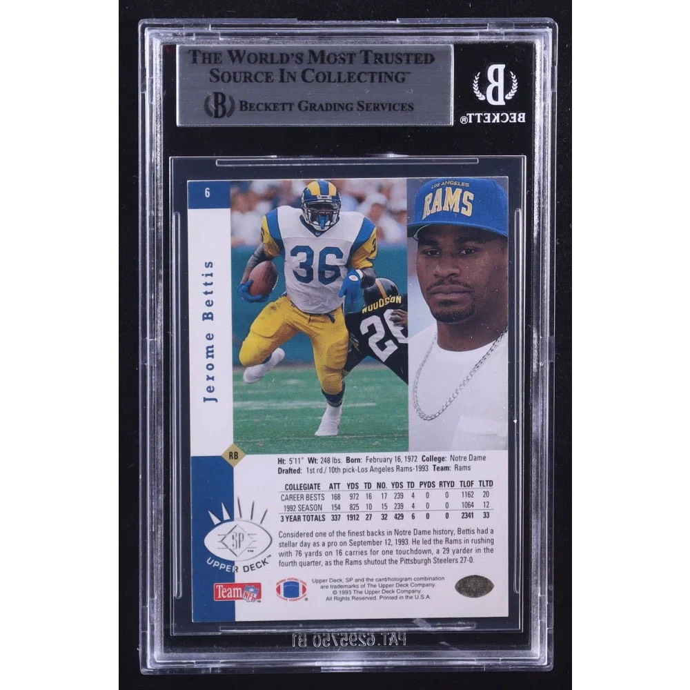 Jerome Bettis rookie card with graded football collectible and signed Jerome Bettis
