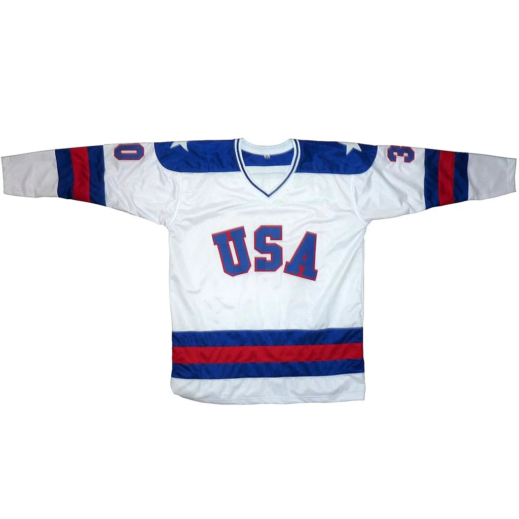 Jim Craig autographed USA hockey jersey number 30 with white base, red blue accents, star sleeve