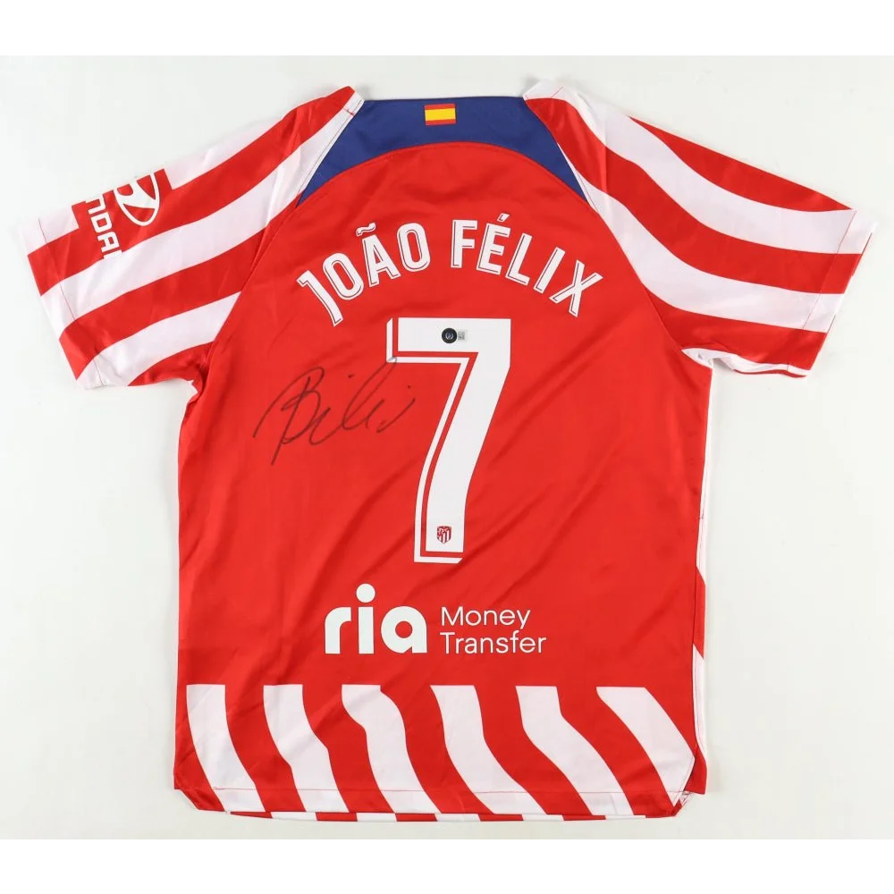 Red and white joao felix signed club Atletico Madrid jersey with number 7