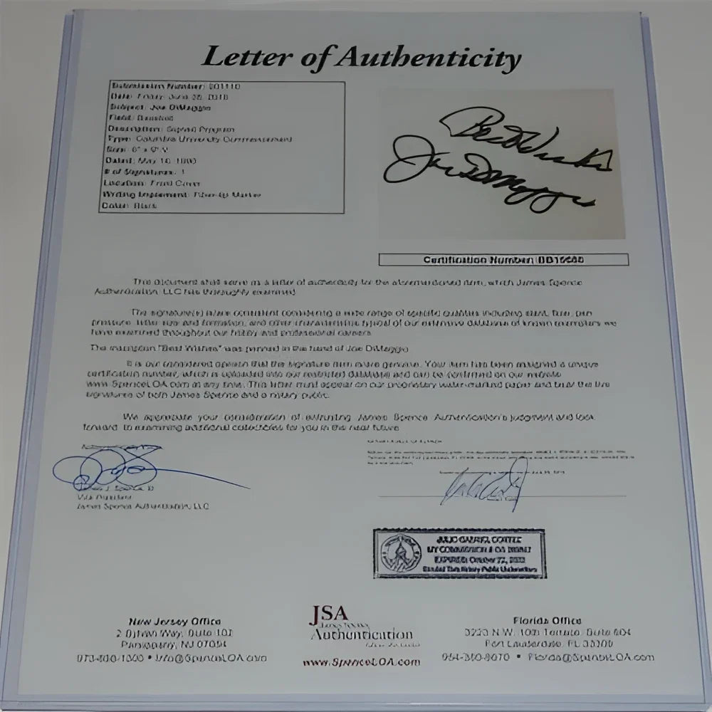 Joe DiMaggio autographed deluxe framed 11x14 Yankees photo with JSA letter BB19686