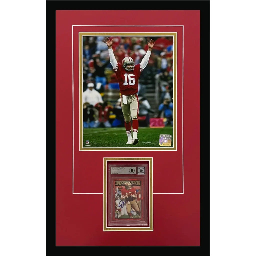 Joe Montana autographed football card framed with 49ers photo