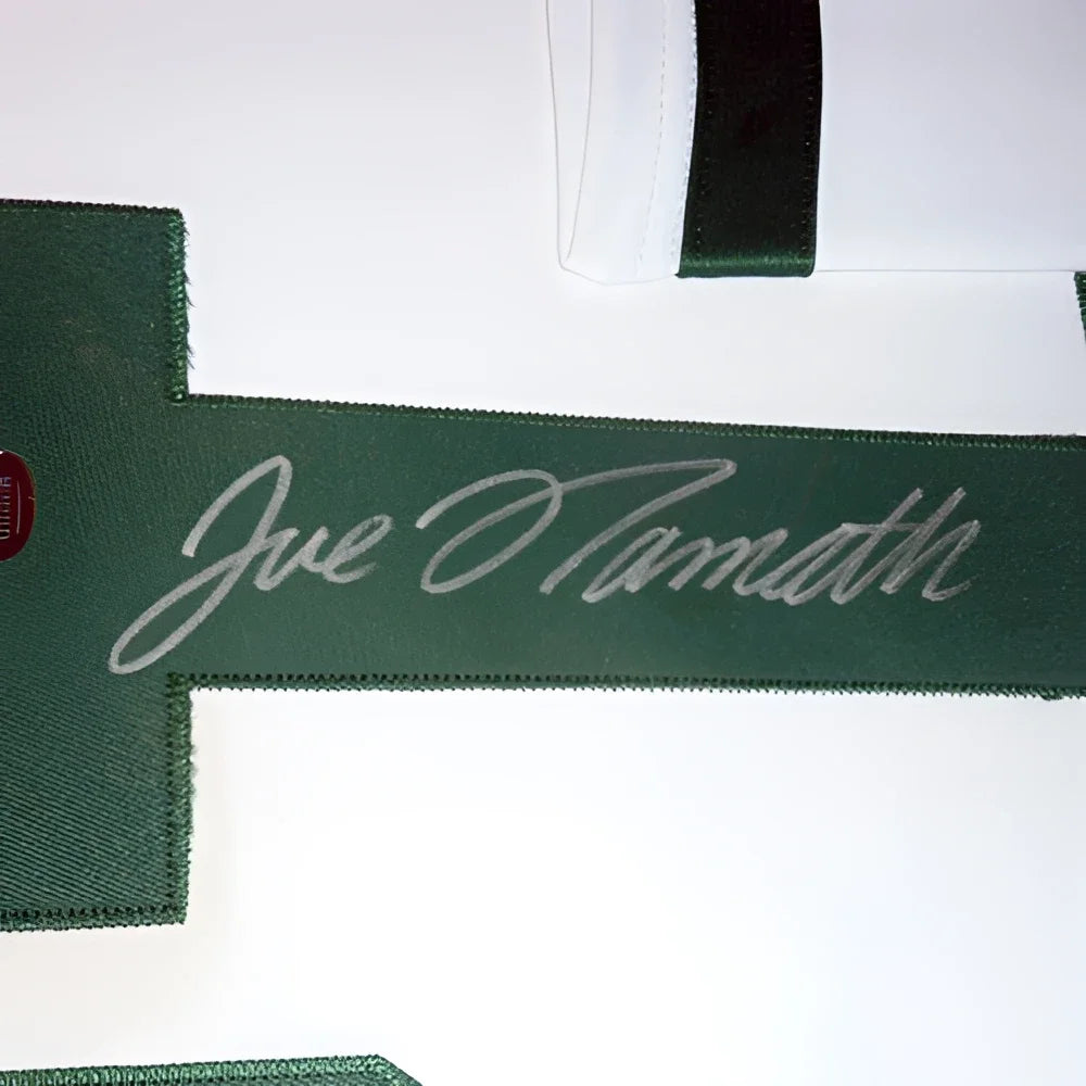 Joe Namath silver embroidered signature on green Jets sleeve patch, deluxe framed jersey