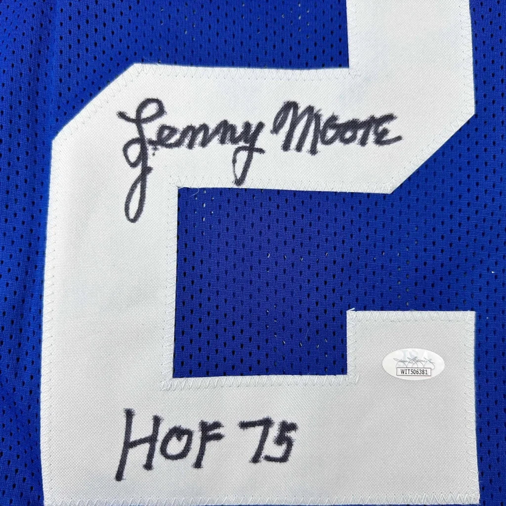 Autographed Lenny Moore Baltimore Colts blue jersey number 24 with HOF 1975 inscription