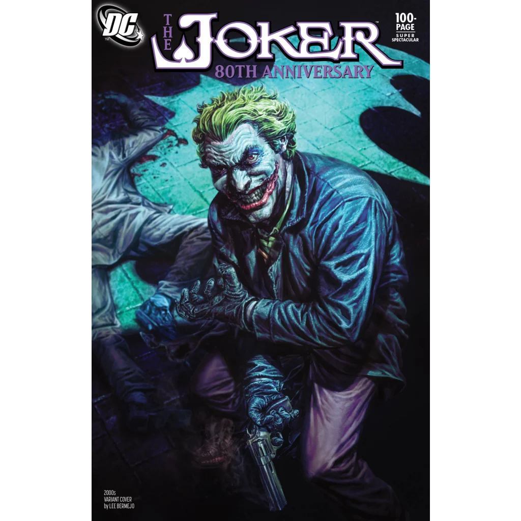 Joker 80th anniv cover by 2000s Lee Bermejo with sinister grin and revolver