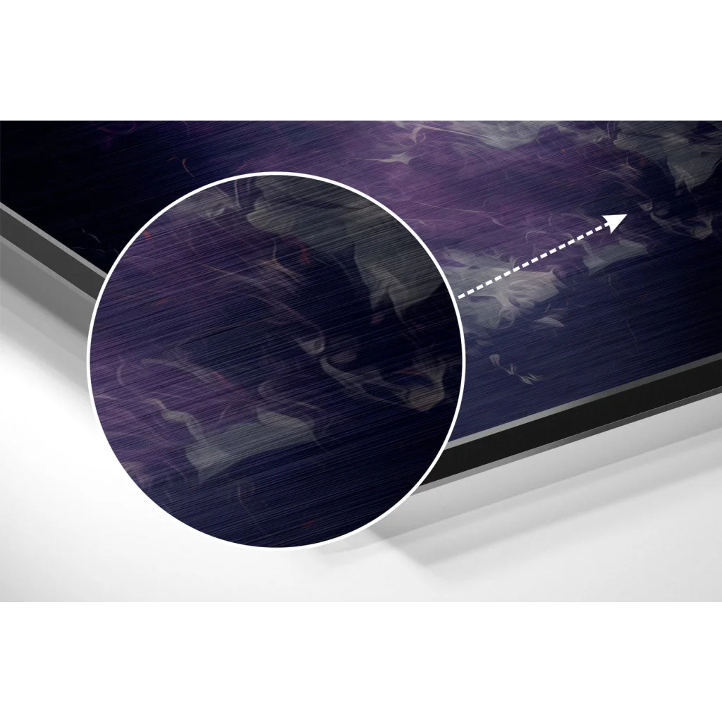 Sleek brushed aluminium dibond print with purple black swirl art