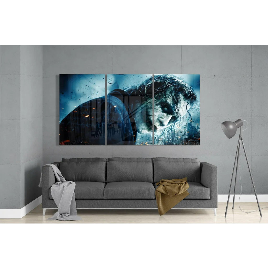 Joker glass wall art: blue black Batman canvas three-panel Joker face