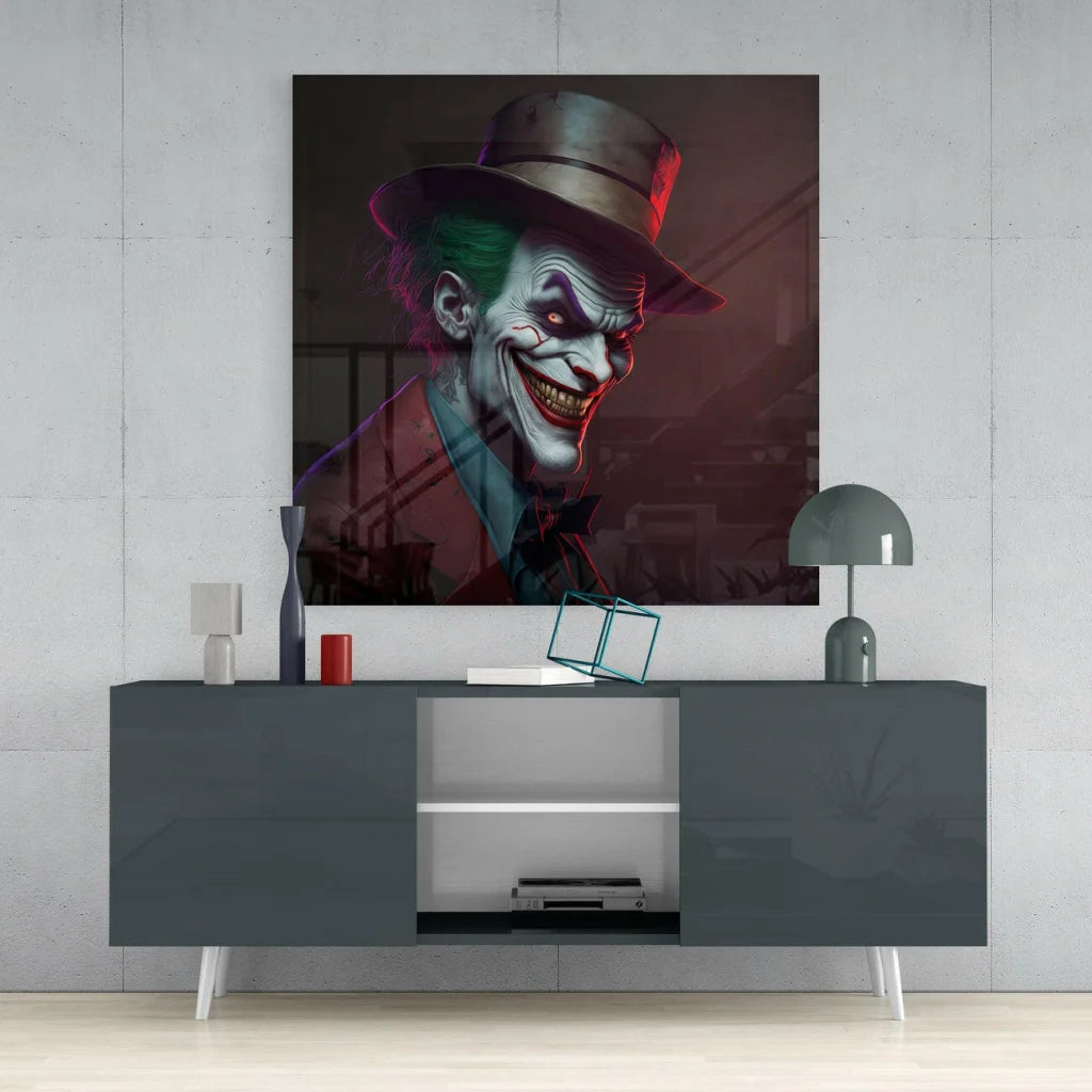 Vibrant Joker glass wall art canvas print with fedora and green hair