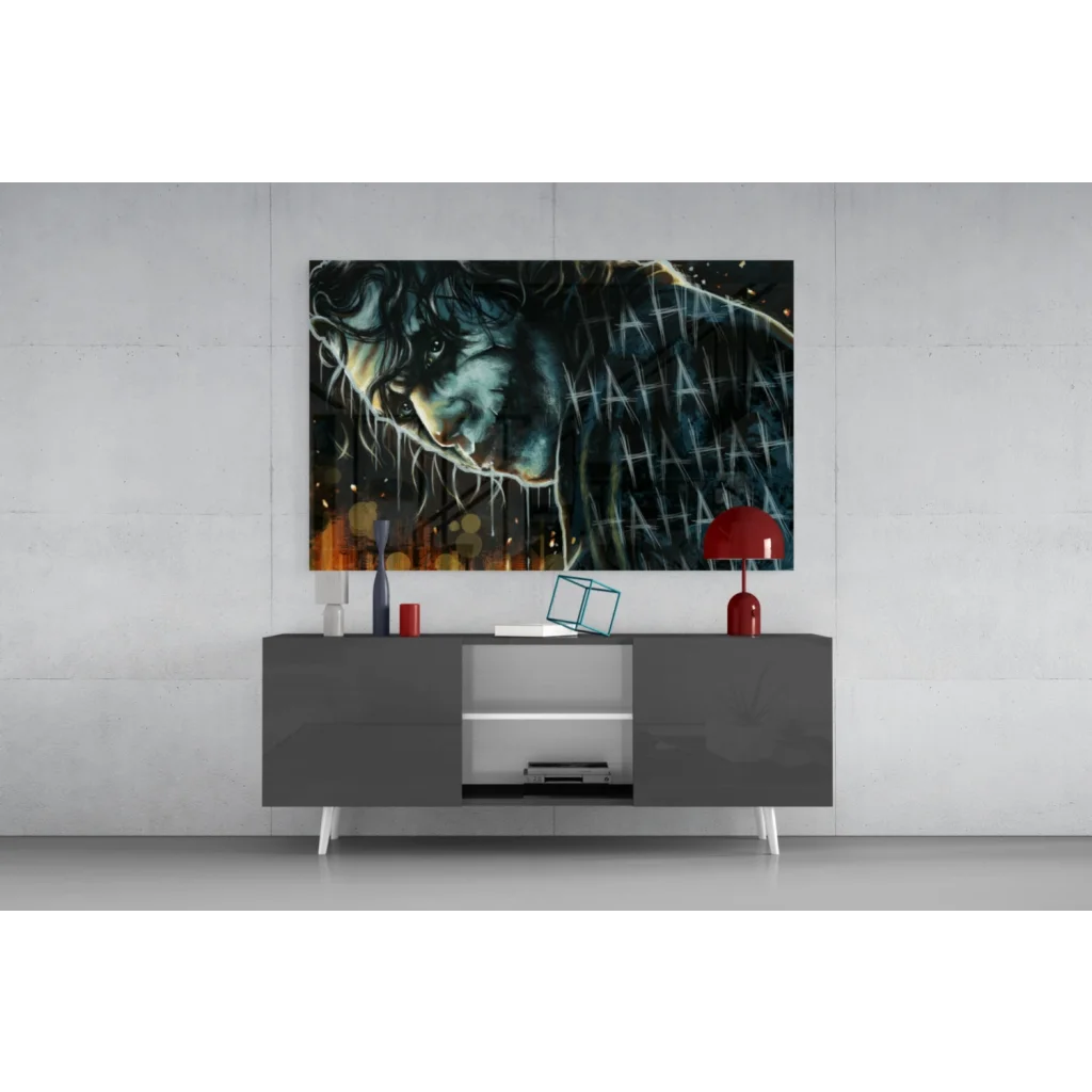 Sinister Joker glass wall art canvas print with menacing face and ha ha overlay