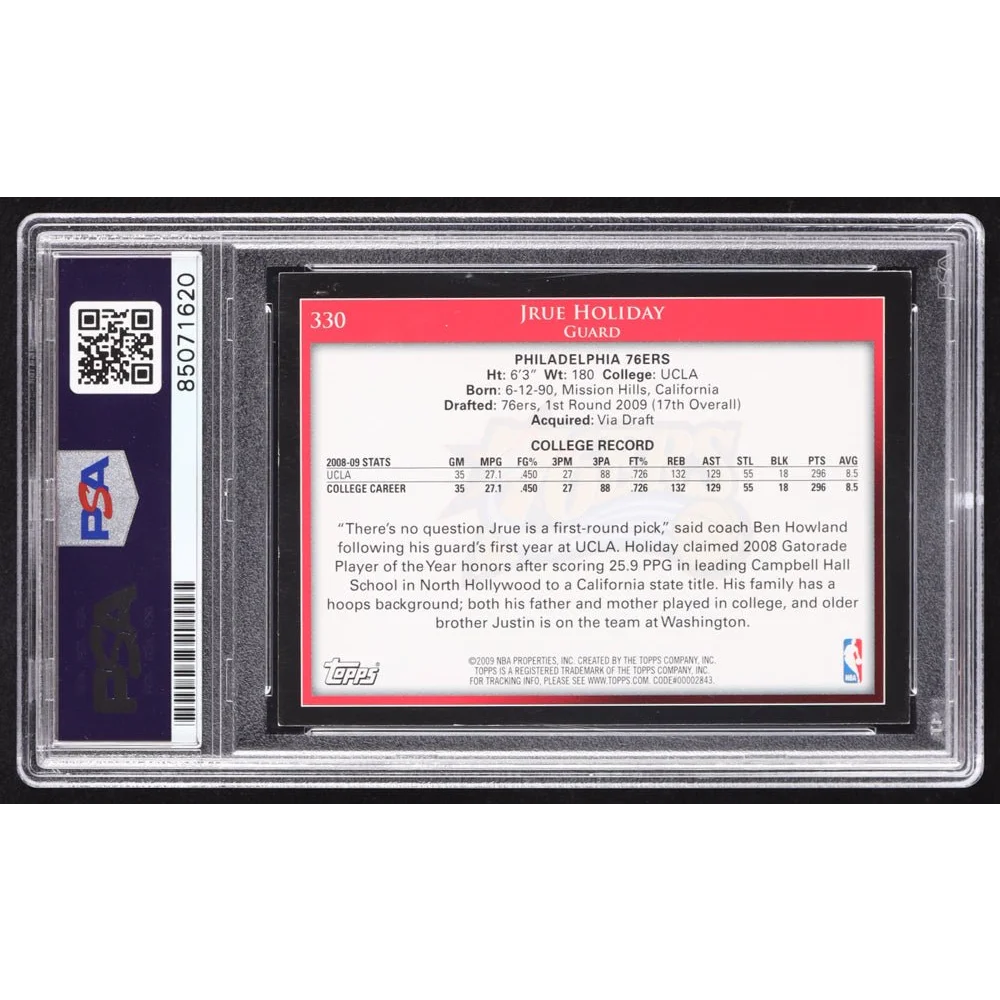 Graded NBA basketball card of Jrue Holiday in a Jrue Holiday Autographed PSA 10 Rookie Card Gem