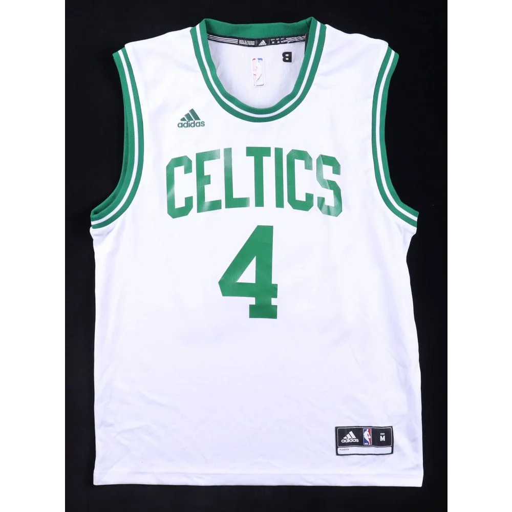 White Boston Celtics jersey with green trim and number 4, Jrue Holiday signed collectible