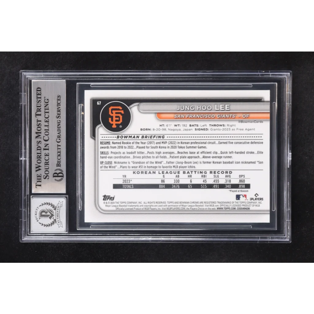 Jung Hoo Lee signed 2024 Bowman Chrome RC BGS 10 autograph graded slab