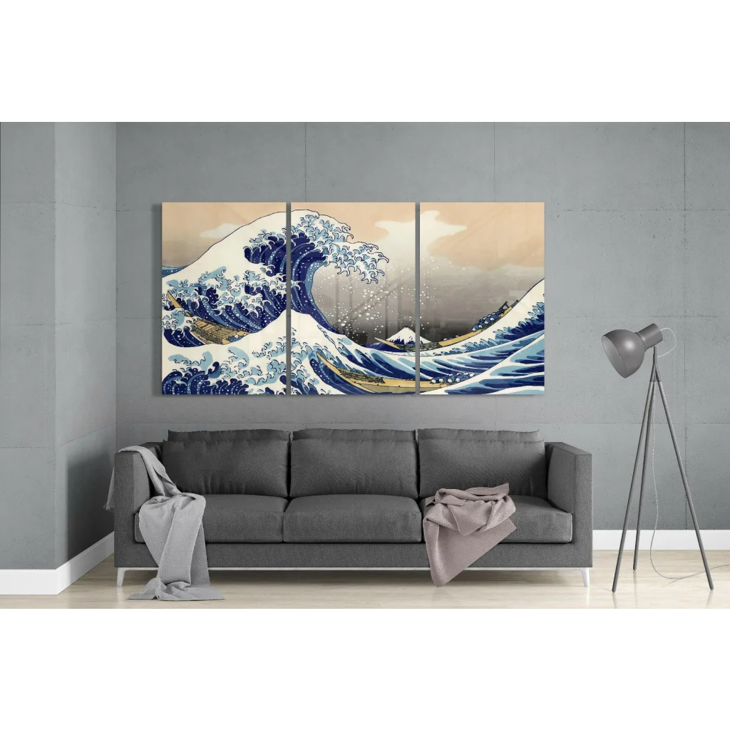 Stunning Great Wave Kanagawa triptych wall art canvas print with bold blue waves