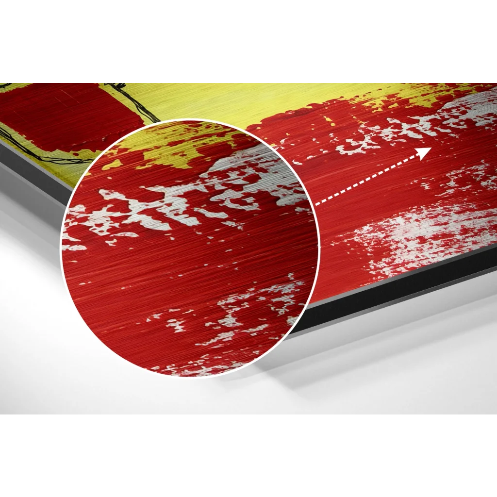 Vibrant red yellow abstract on brushed aluminium dibond panel
