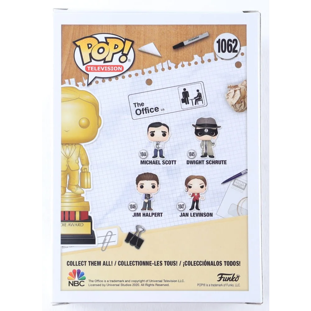 Back of a Funko Pop Television The Office box featuring character images, vinyl figure of Kate Flannery