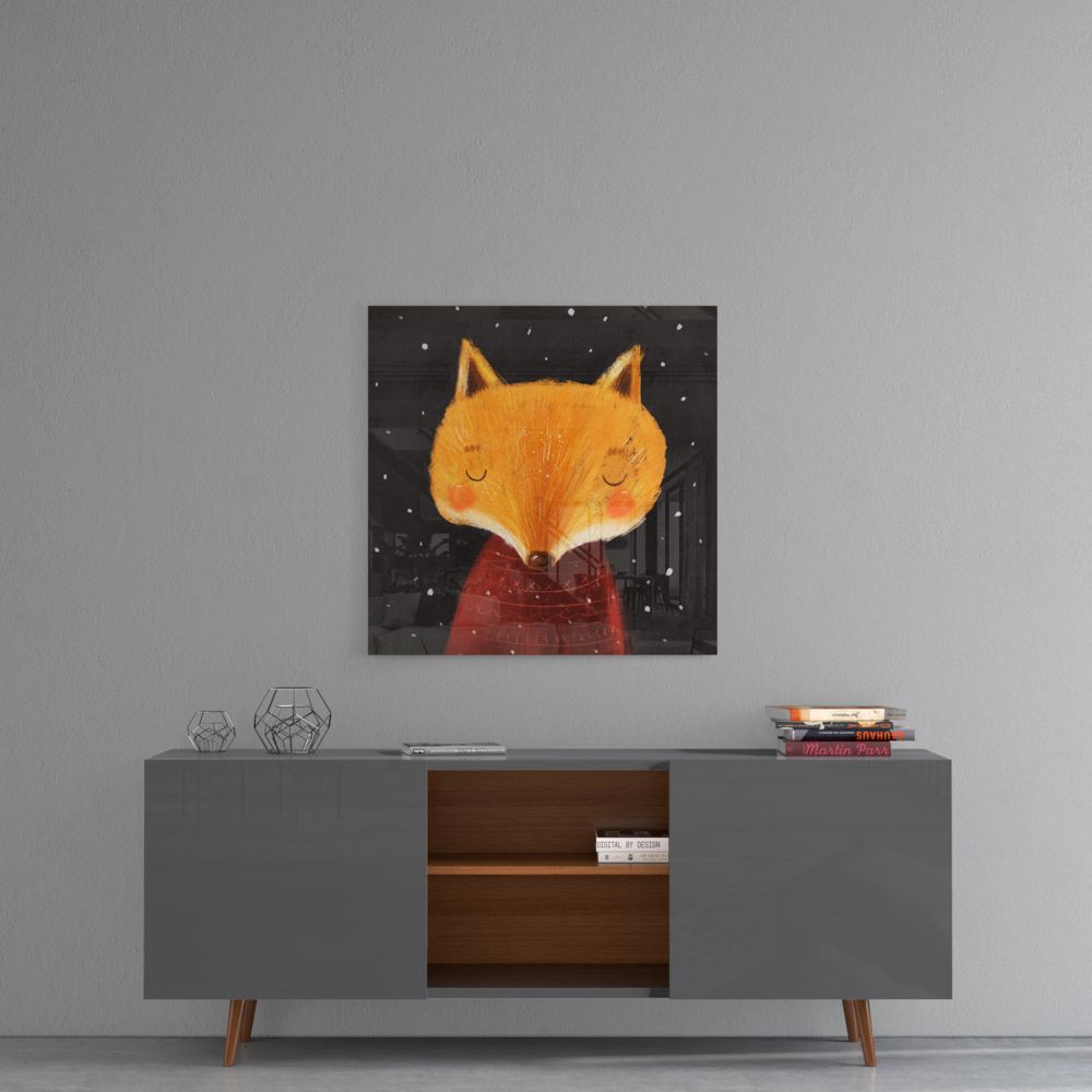 Smiling Orange Fox Starry Night Glass Wall Art