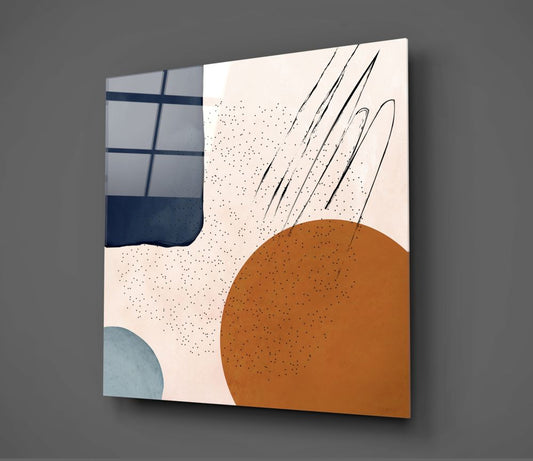 Glass wall art displayed at an angle showing terracotta circle, blue window grid, and linear rain streaks on cream background.