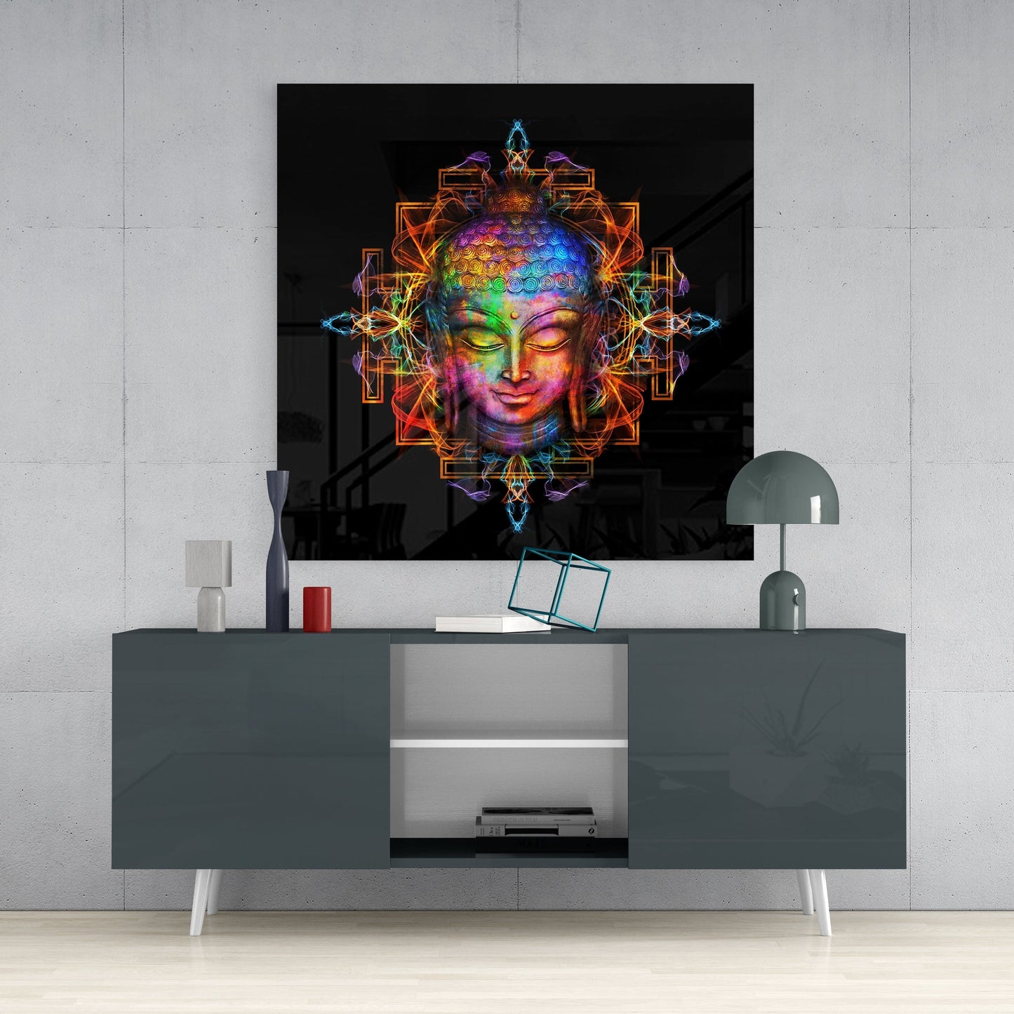Rainbow Mandala Buddha Head Glass Wall Art