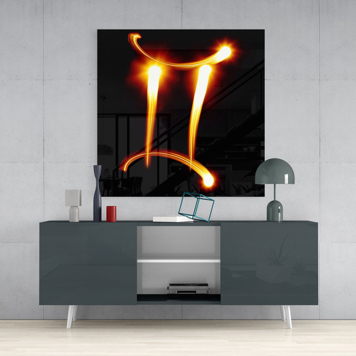 Flame Light Trail Gemini Symbol Glass Wall Art
