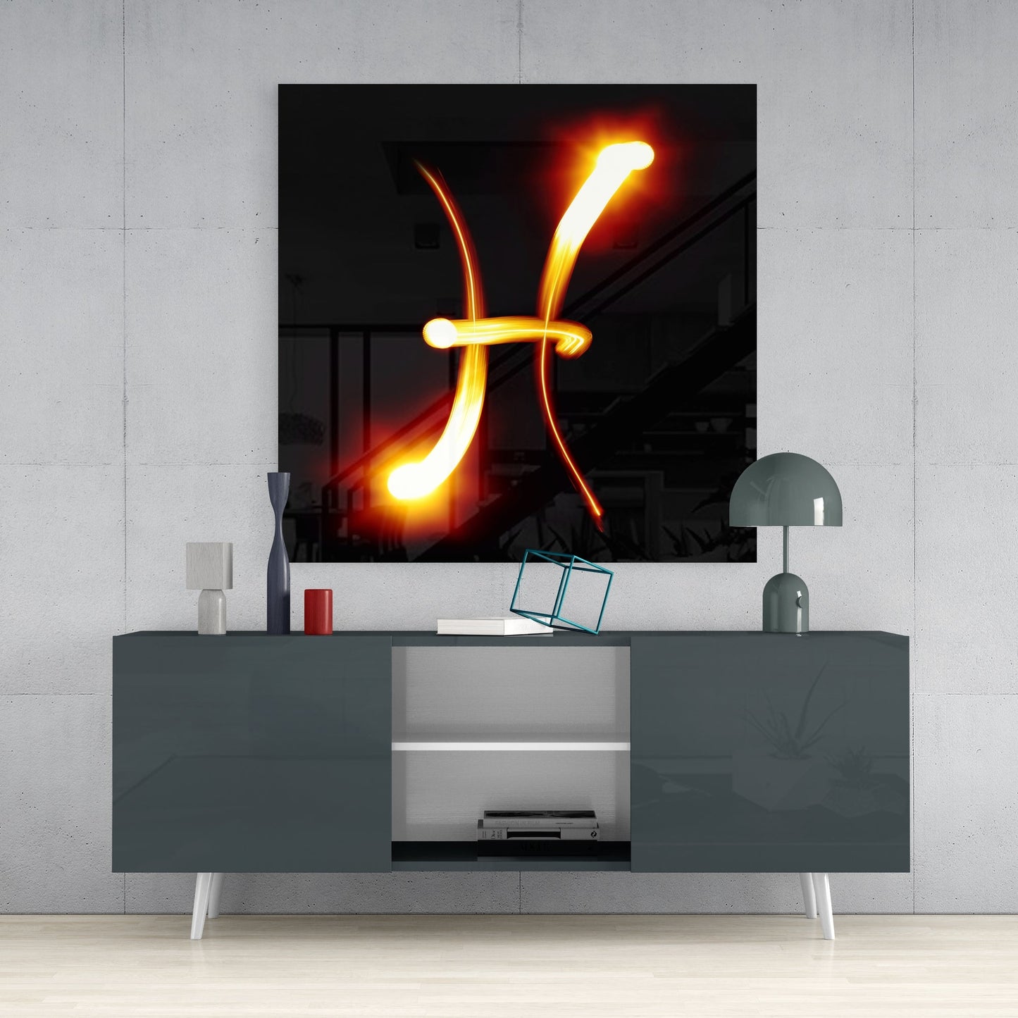 Glowing Flame Streak Pisces Symbol Glass Wall Art