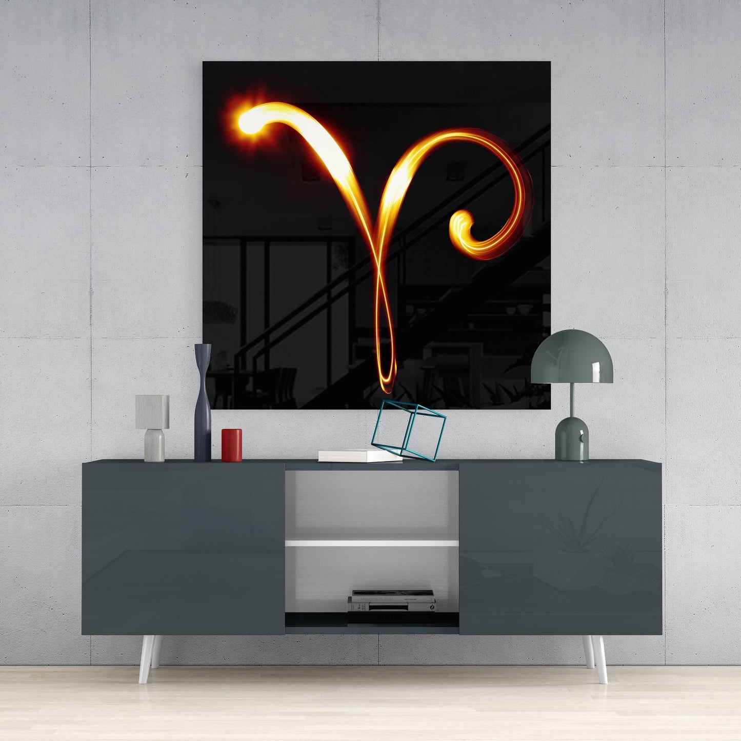 Fiery Light Curve Aries Symbol Glass Wall Art