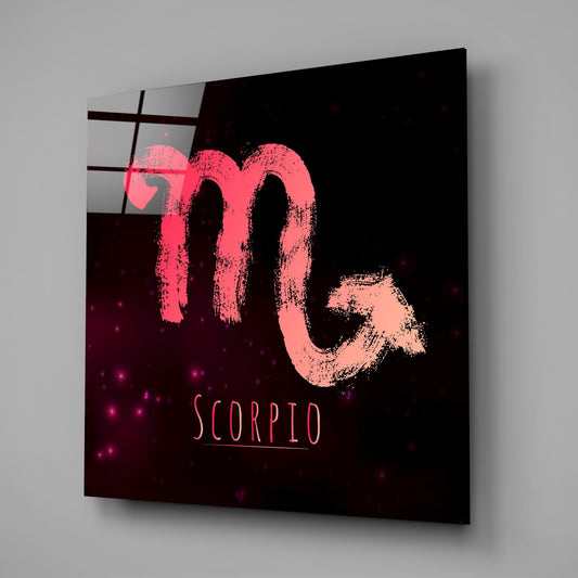 Square glass panel displaying coral brushstroke Scorpio symbol on dark background with glowing pink accents and text.