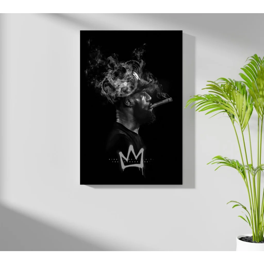 Stylized smoking king on black insigne aluminum print with crown smoke