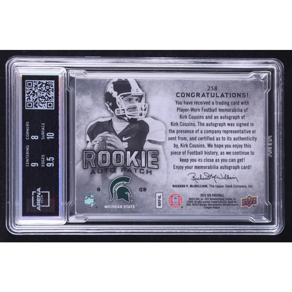 Kirk Cousins rookie card with auto patch, serially numbered, graded gem status