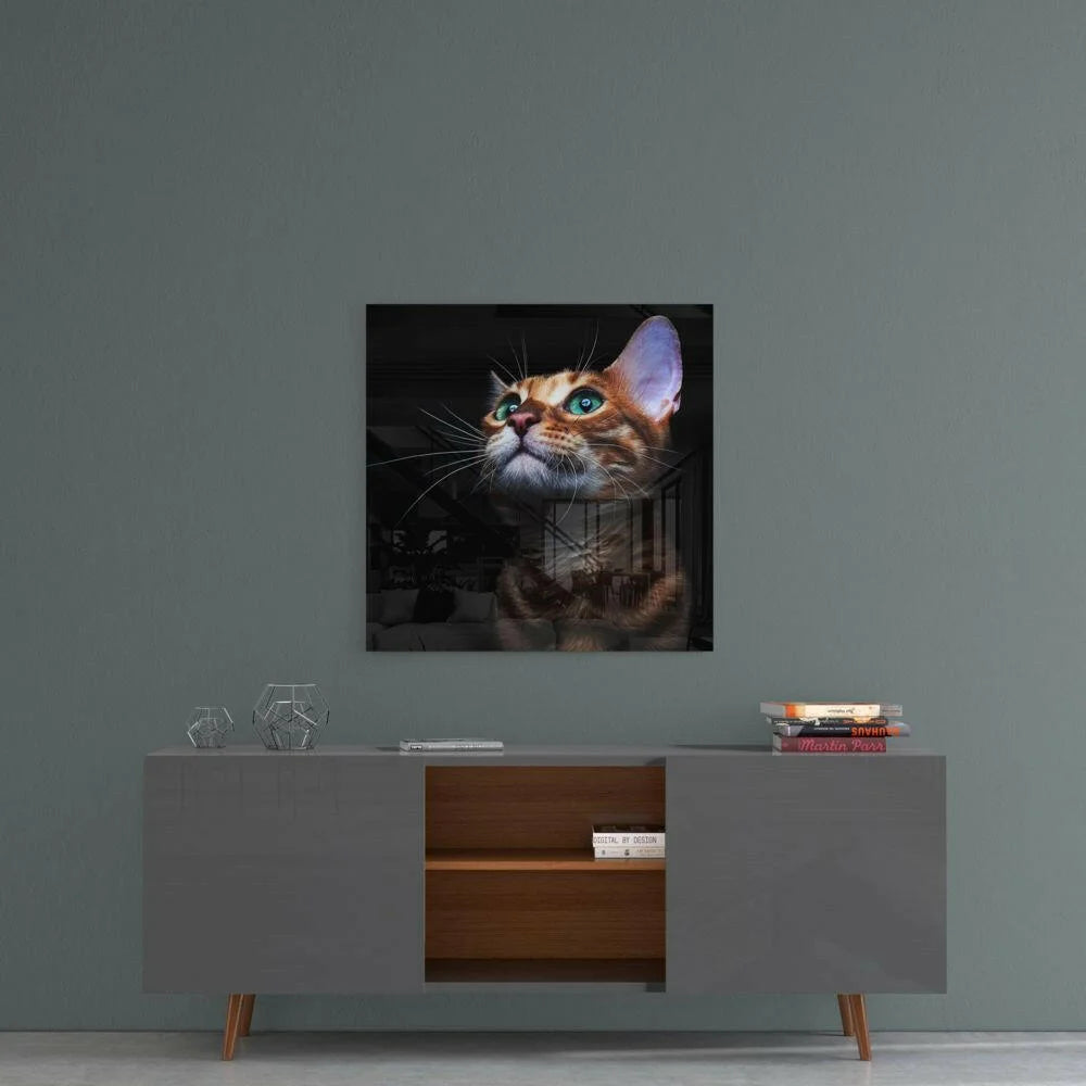 Bengal cat glass wall art with vivid green eyes and golden fur