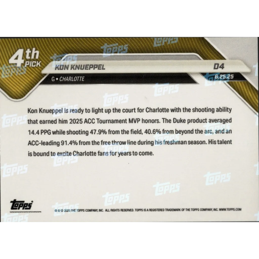 Back of Kon Knueppel 4th Pick Topps Now Basketball Card with Authentication