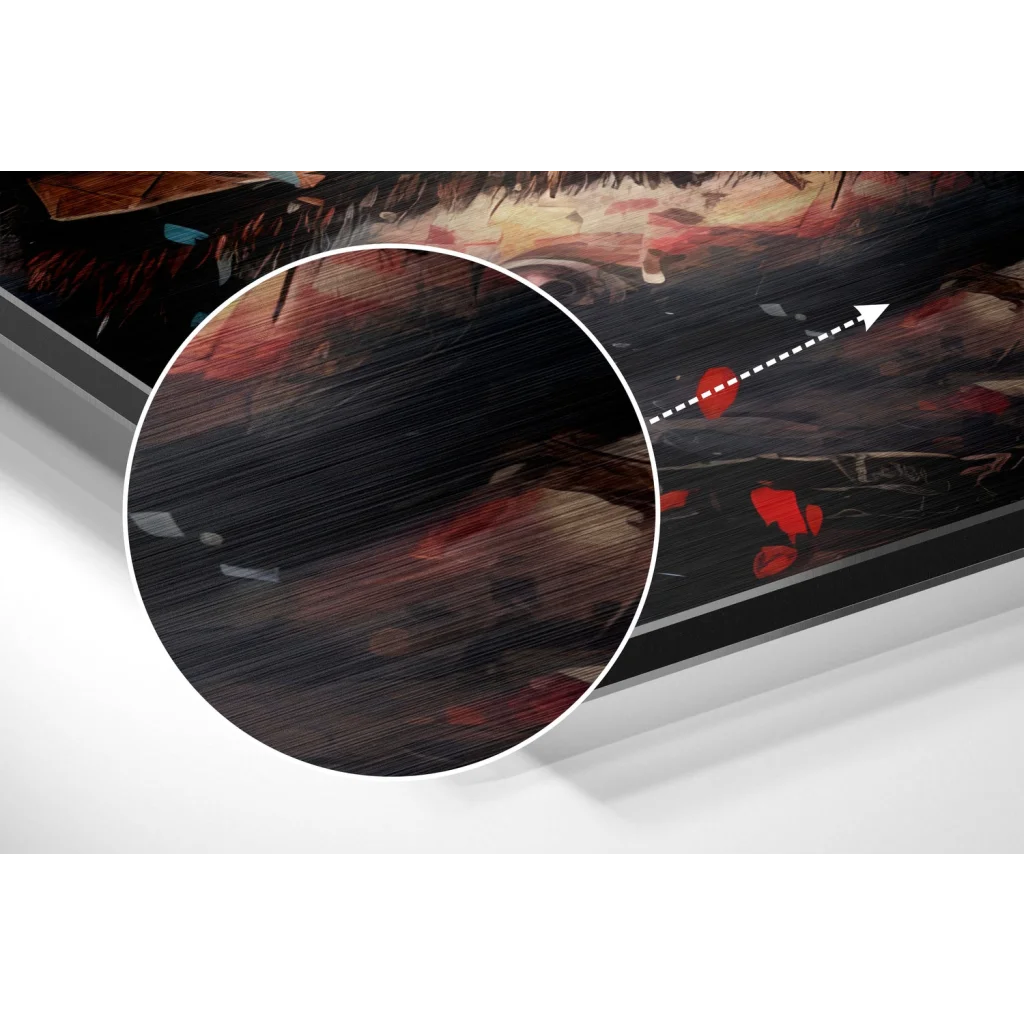 Black and red abstract painting on brushed aluminium dibond wall art