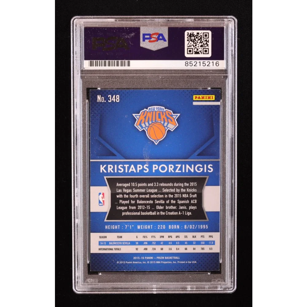 Kristaps Porzingis PSA graded autographed rookie card Knicks displayed