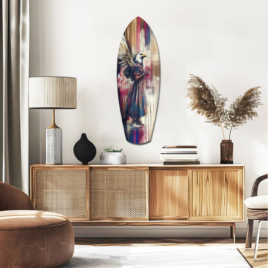 Surfboard wall art with magenta, pink, and blue paint drips featuring an eagle, displayed above a wooden credenza in a modern living room.