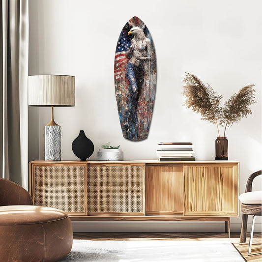 American Eagle surfboard glass wall art displayed above wooden mid-century modern credenza in contemporary living room setting.