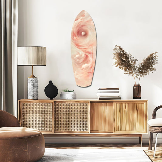 Pinky Swirl glass wall art displayed above wooden credenza in modern living room interior setting.