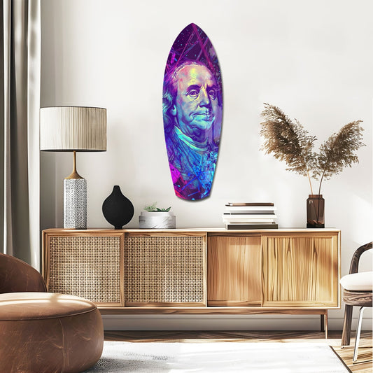 Neon halftone banknote portrait glass wall art in purple and cyan tones displayed above a wooden credenza in a modern living room.