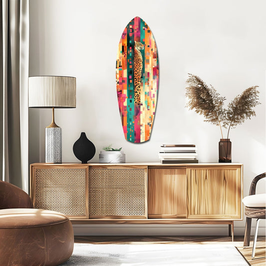 Colorful mosaic glass wall art featuring a leopard portrait displayed above a wooden credenza in a modern living room setting.