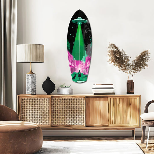 Pink and green neon UFO glass wall art hanging above wooden mid-century dresser in modern living room setting.