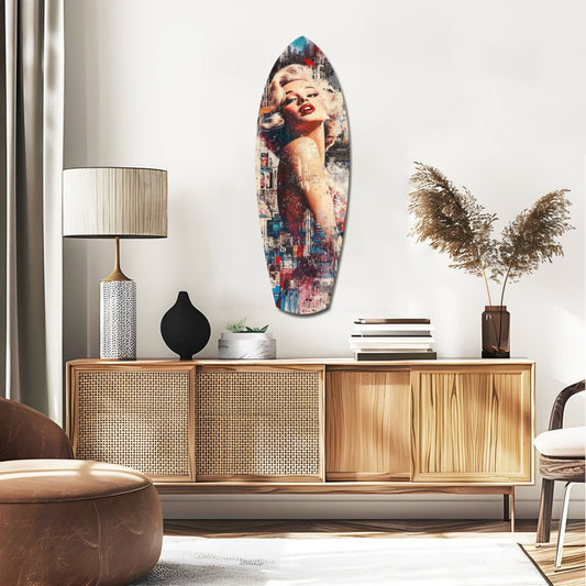 Collage blonde glamour artwork with red lips displayed on white wall above wooden mid-century modern credenza in contemporary living room setting.