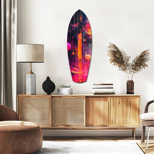 Neon Lava Falls And Planets Surfboard Glass Wall Art displayed above wooden credenza in modern living room interior.