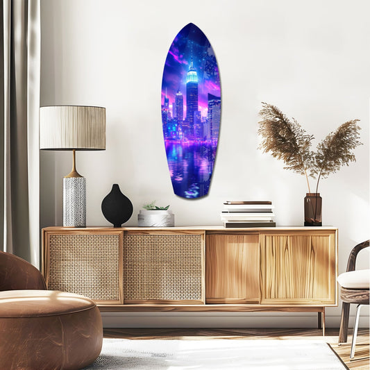 Neon purple and blue cityscape glass art hanging above wooden credenza in modern living room interior.