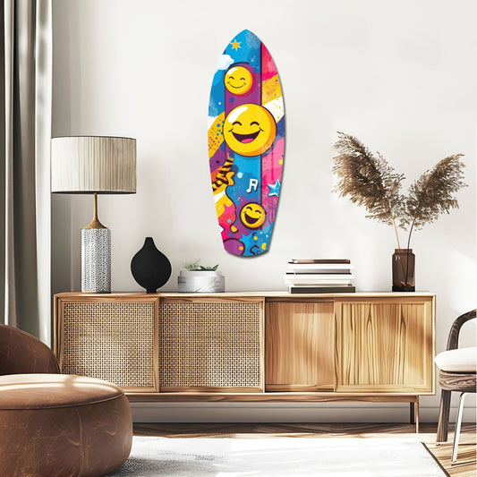 Colorful smiley face glass wall art mounted above wooden dresser in modern living room interior.