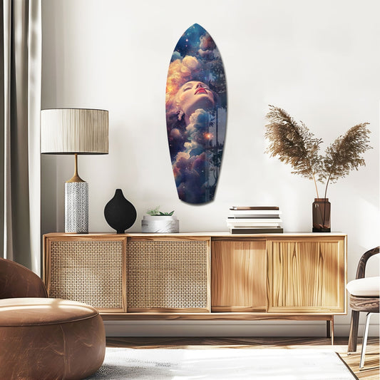 Celestial Dreamer glass wall art displayed above wooden mid-century credenza in modern living room interior with warm lighting and decorative accessories.