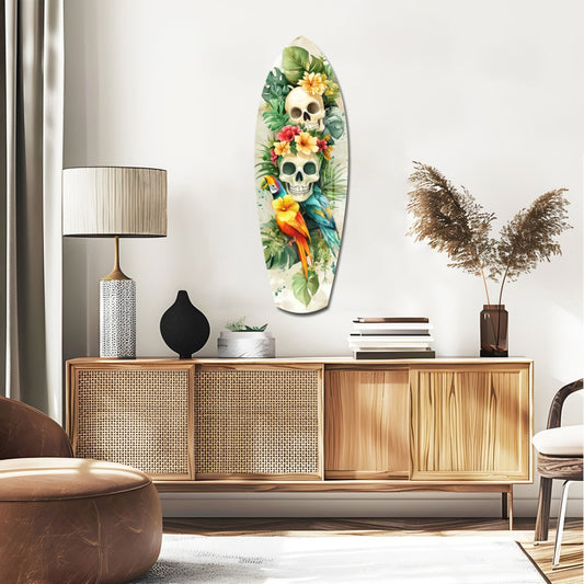 Tropical Mystique glass wall art displayed above wooden credenza, featuring colorful skulls, flowers, parrot, and green foliage on cream background.