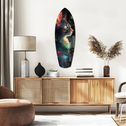 Celestial Cat Glass Wall Art mounted on a white wall above a wooden sideboard in a modern living room setting, displaying vibrant multicolored cosmic imagery with glowing green eyes.