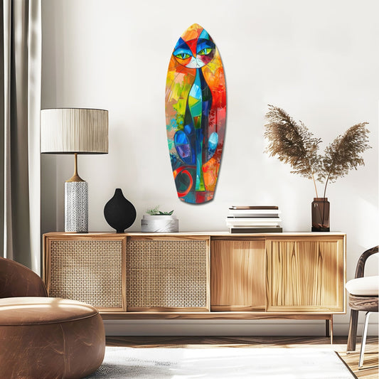 Colorful stained glass cat wall art displayed above wooden mid-century credenza in modern living room setting.